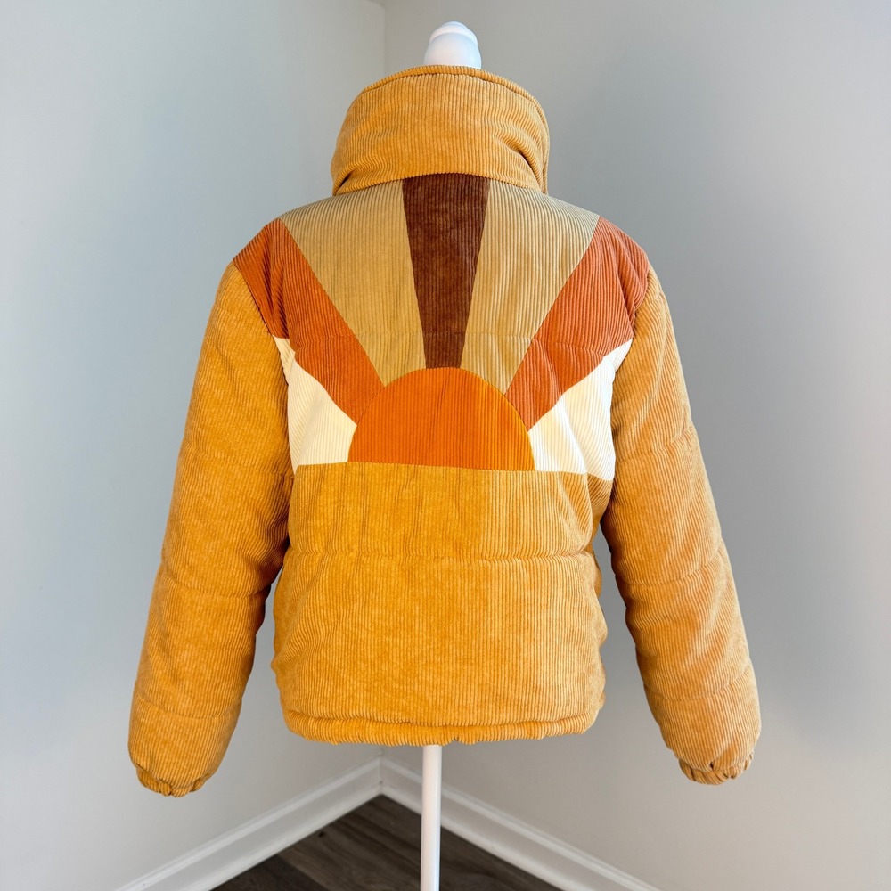 Ghanda Corduroy Puffer Jacket Women Medium Mustard Yellow Quilted Gorpcore Retro - Picture 2 of 11